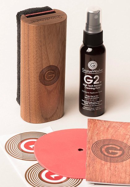 GrooveWasher - Record Cleaning Kit [Walnut] (Solid milled American Walnut handle with replaceable microfiber pad, 4oz. G2 High Tech Cleaning Fluid mist spray, Red label protector, US made) - 856723007051 - Vinyl Accessories - Yellow Racket Records